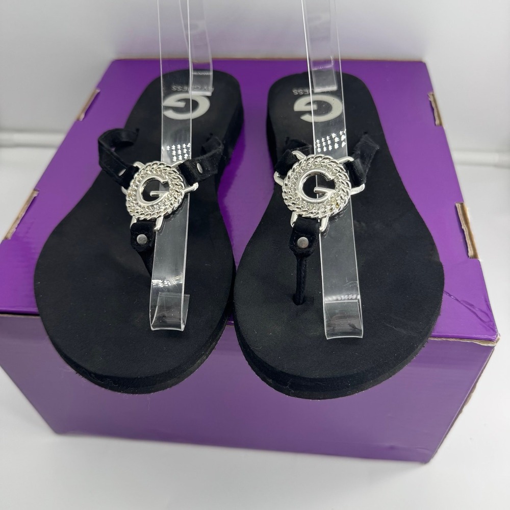 G by GUESS Black Flat Thong Sandals Silver Rhinestone G Medallion Size 6